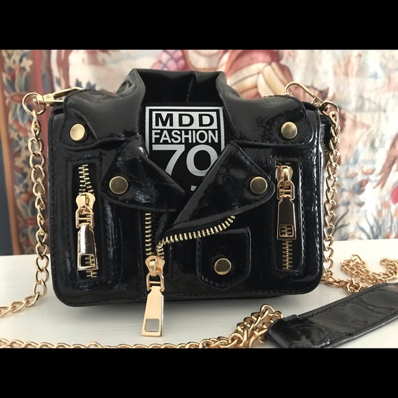 Adorable & Unique Black & Gold Motorcycle Jacket Bag! - Picture 1 of 16